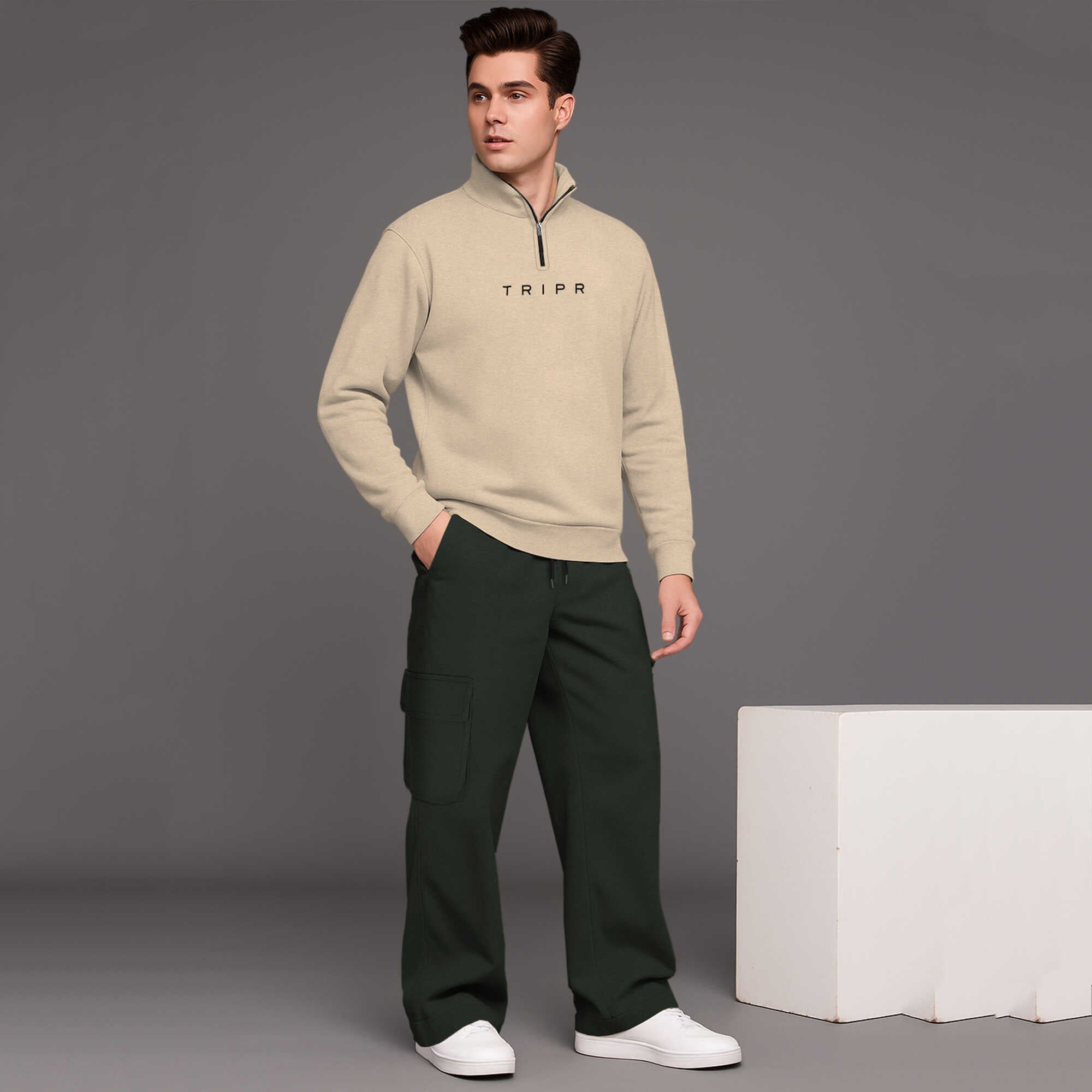 High Neck Sweatshirt & Baggy Cargo Plain Winter Outfits