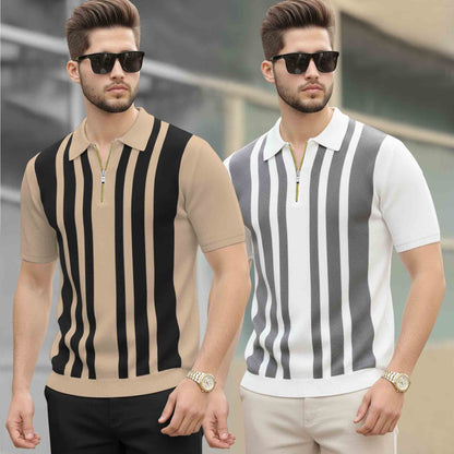 (Pack Of 2) Quarter Zip Polo Neck Printed Tshirts - 12 Variants