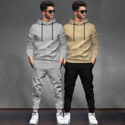 (Pack Of 2) Tracksuit Grey & Beige Hooded T-shirts / Matching Trackpants