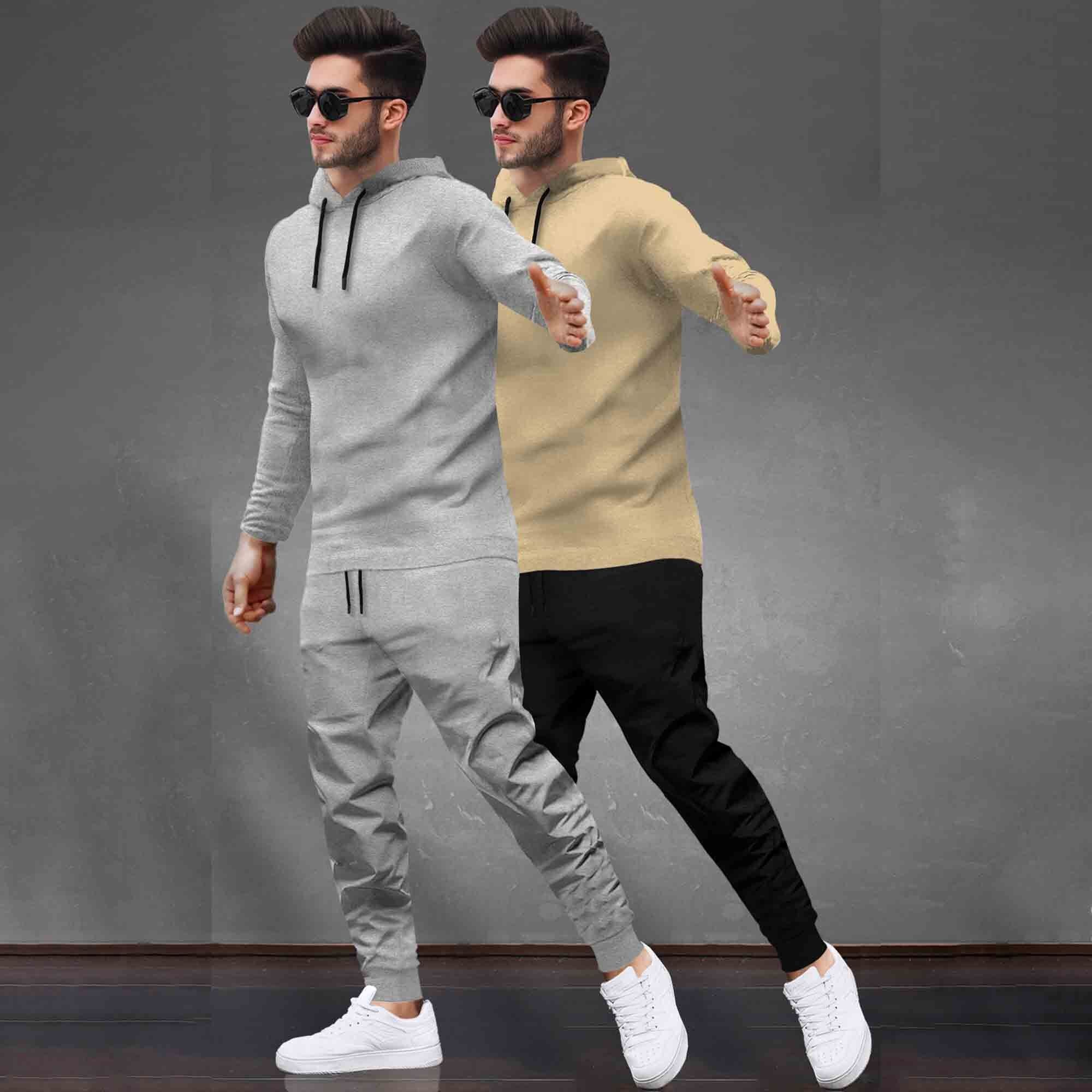 (Pack Of 2) Tracksuit Grey & Beige Hooded T-shirts / Matching Trackpants