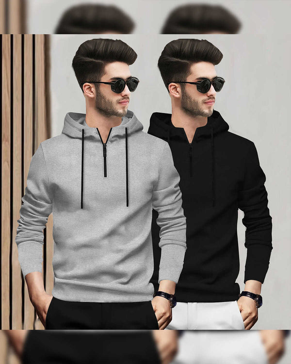 (Pack Of 2) Mens Full Sleeve Plain Zip Hooded T-shirts / Grey & Black