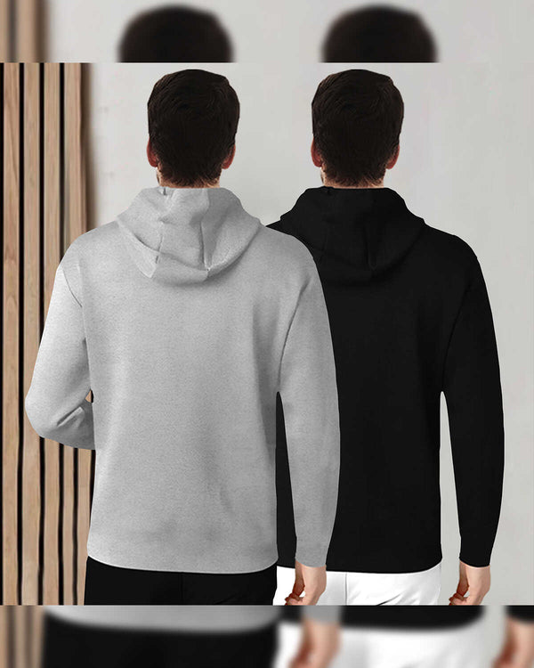 (Pack Of 2) Mens Full Sleeve Plain Zip Hooded T-shirts / Grey & Black