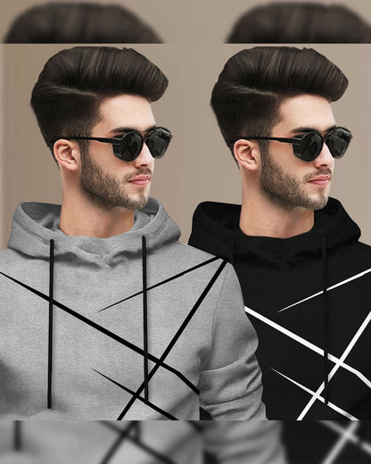 (Pack Of 2) Mens Full Sleeve Hooded Neck Printed T-shirt Grey & Black