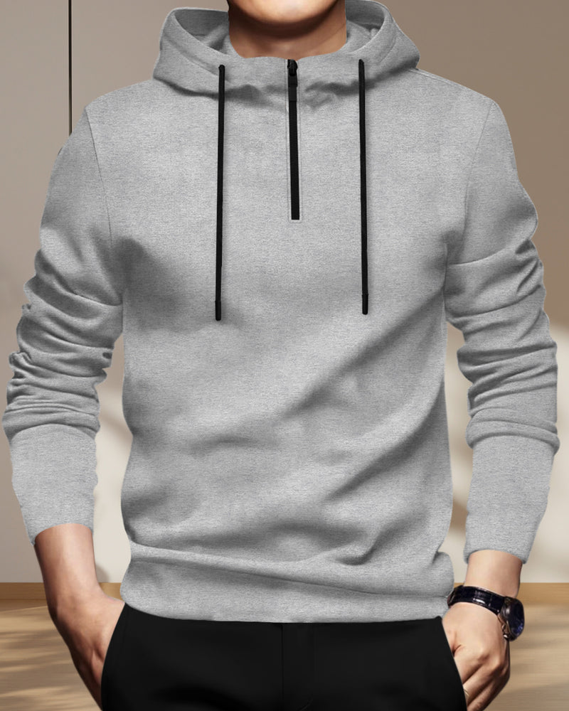 Mens Grey Full Sleeve Plain Zip Hooded T-shirt