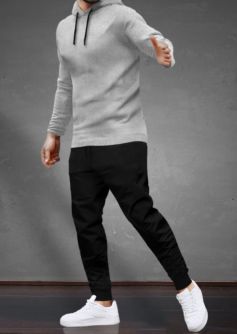 Tracksuit For Men Grey Hooded Full Sleeve T-shirt / Black Trackpant