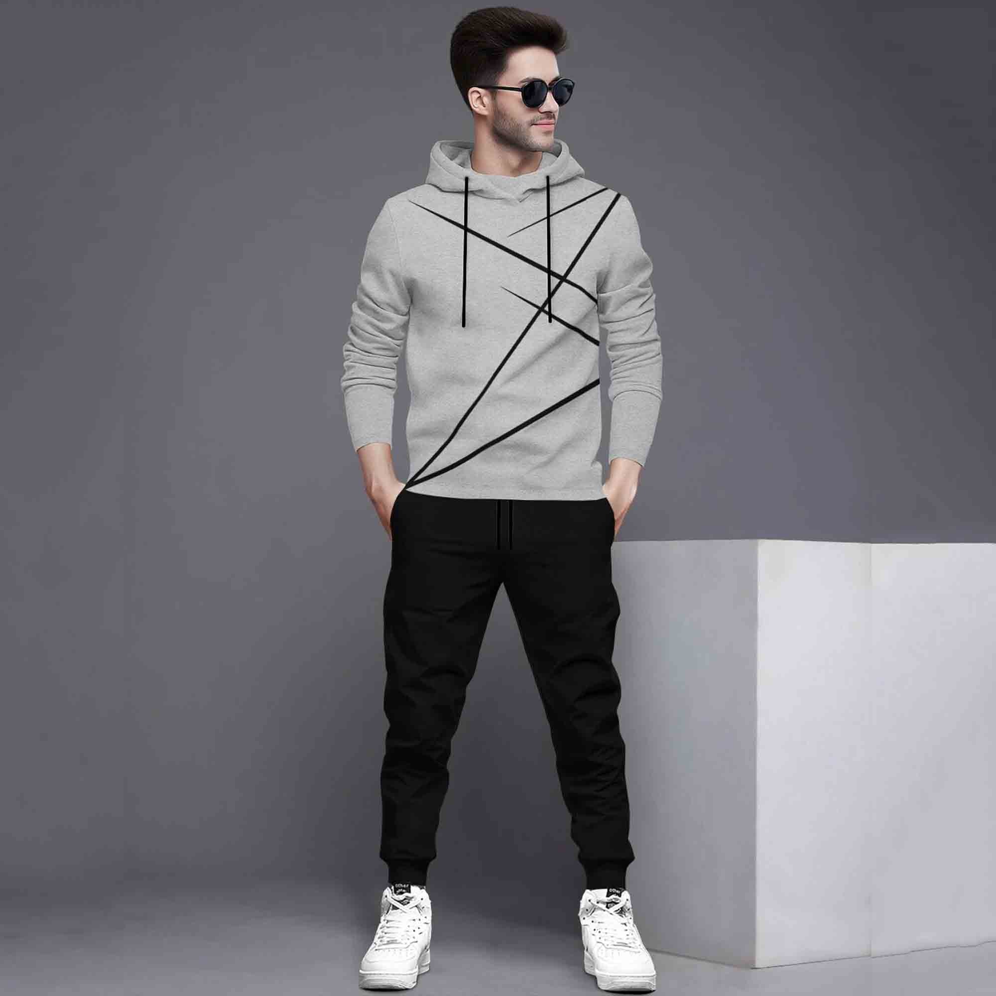Full Sleeve ZigZag Parttern Grey T-shirt With Matching Trackpant