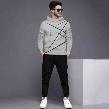 Full Sleeve ZigZag Parttern Grey T-shirt With Matching Trackpant