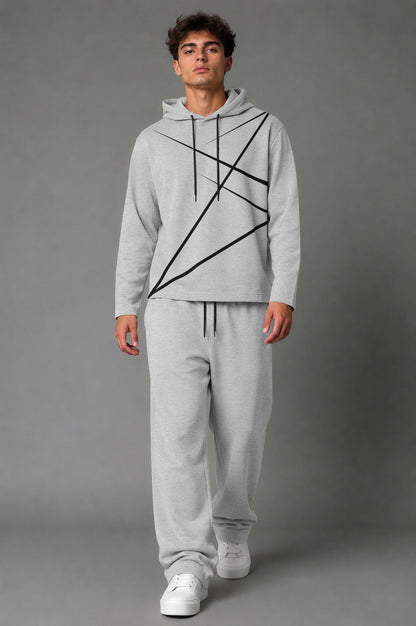 Mens Geometric Graphic Printed Hooded T-shirt And Plain Baggy Trackpant Outfit Set