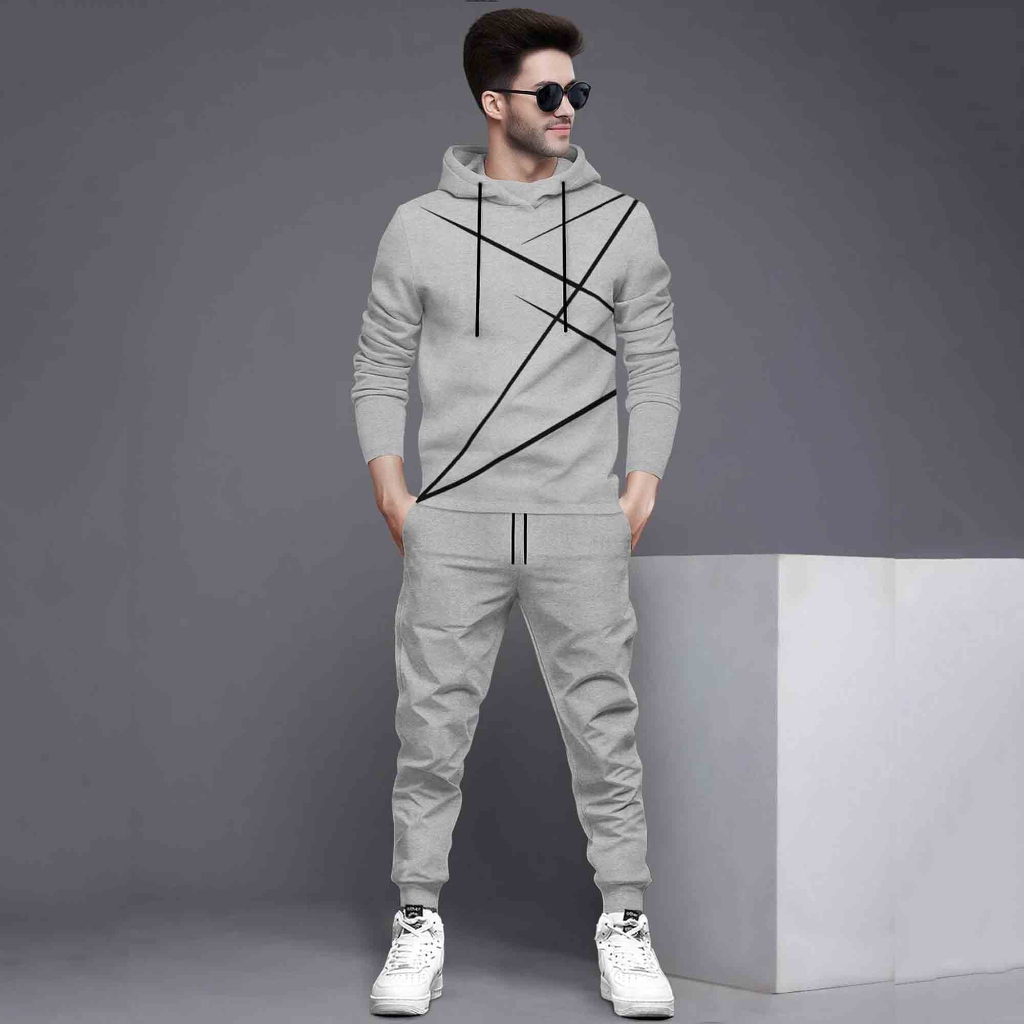 Full Sleeve ZigZag Parttern Grey T-shirt With Matching Trackpant