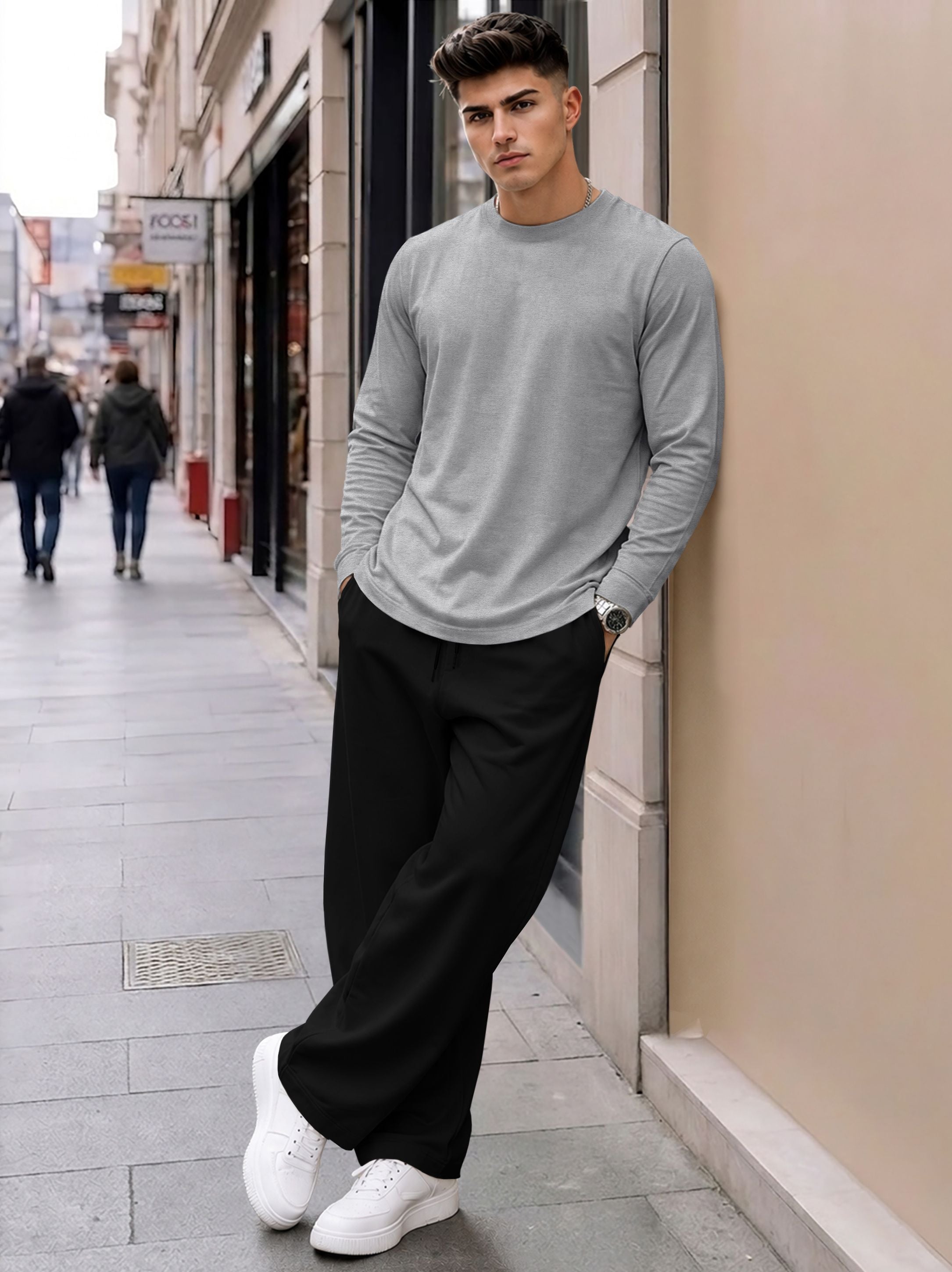 Men Plain Full Sleeve T-shirts and Plain Baggy Trackpants Outfit Sets