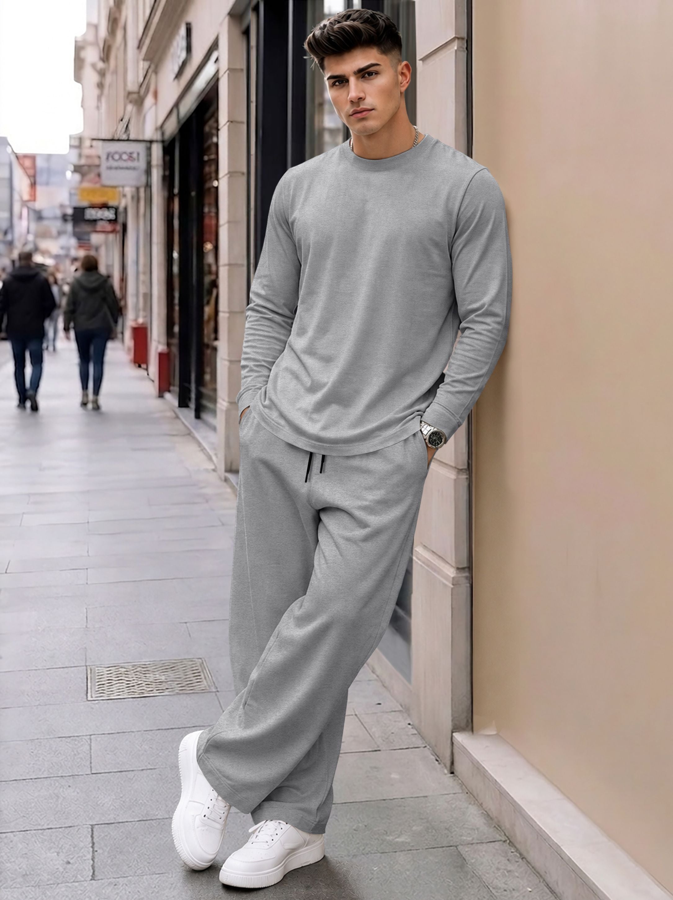 Men Plain Full Sleeve T-shirts and Plain Baggy Trackpants Outfit Sets