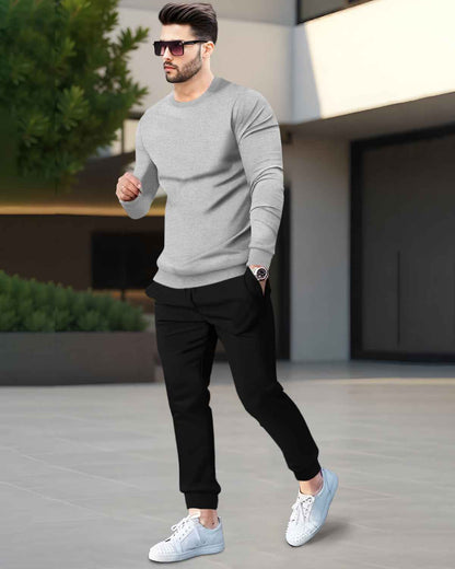 Mens Tracksuit - Full Sleeve Grey t-shirt / Black Trackpant