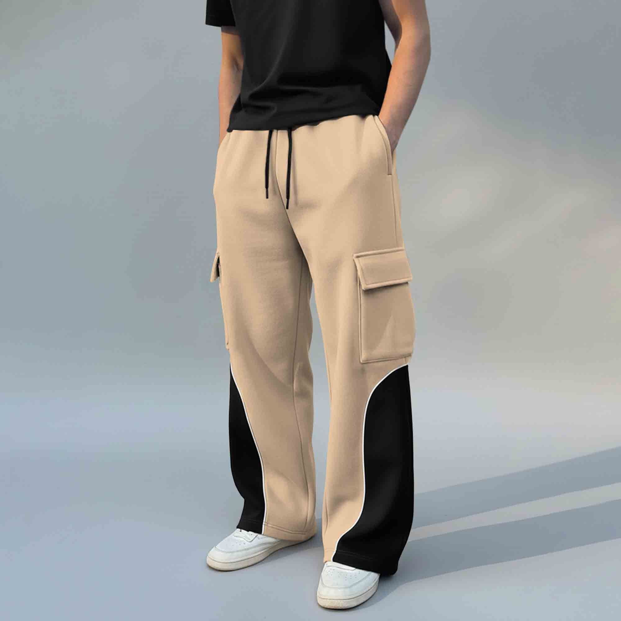 Men 4 Pockets Dual Color Baggy Cargo Pant Black & Beige