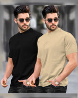 Mens Half Sleeve Plain Round Neck T-shirts (Pack Of 2) / Black & Beige