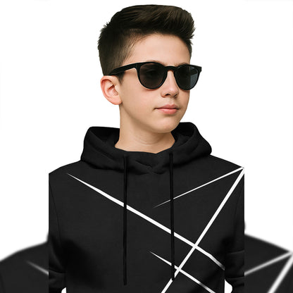 Boys Full Sleeve Black Zig Zag Graphic Printed  Hooded T-shirt