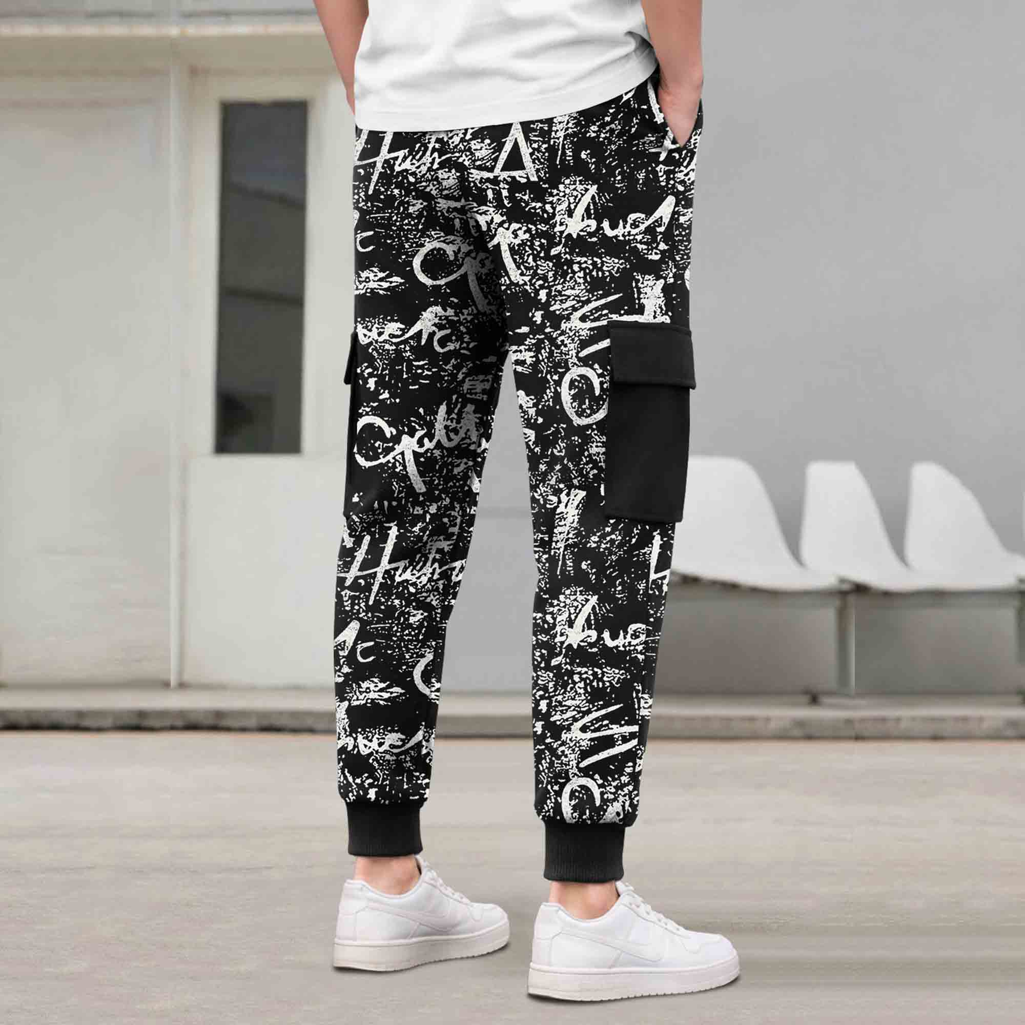 Mens All Over Print 4 Pockets Cargo Jogger Black