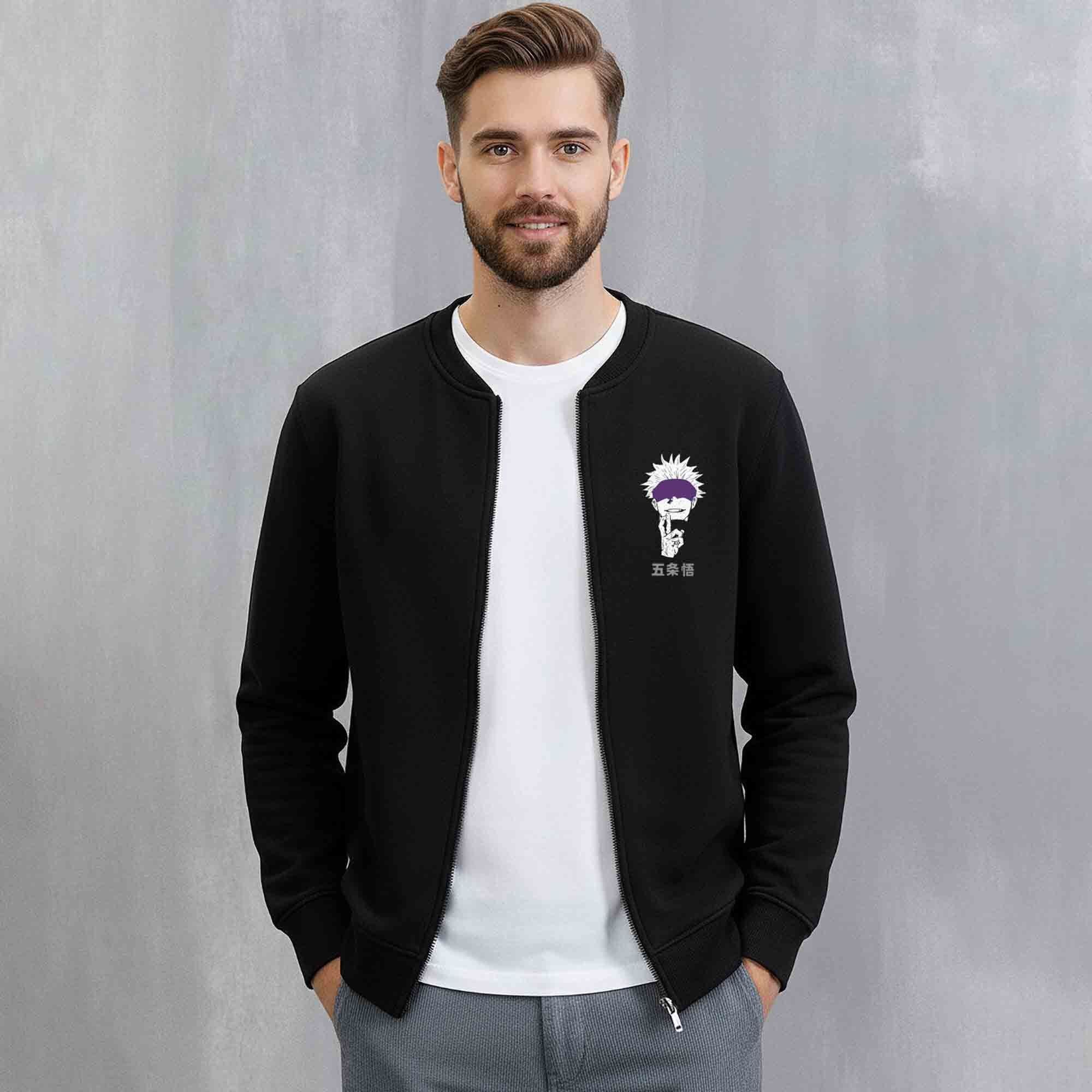 Mens Trendy Anime Design Printed Round Neck Jacket Black