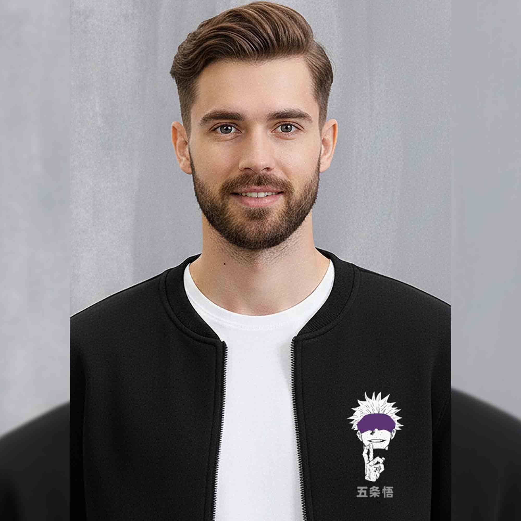 Mens Trendy Anime Design Printed Round Neck Jacket Black