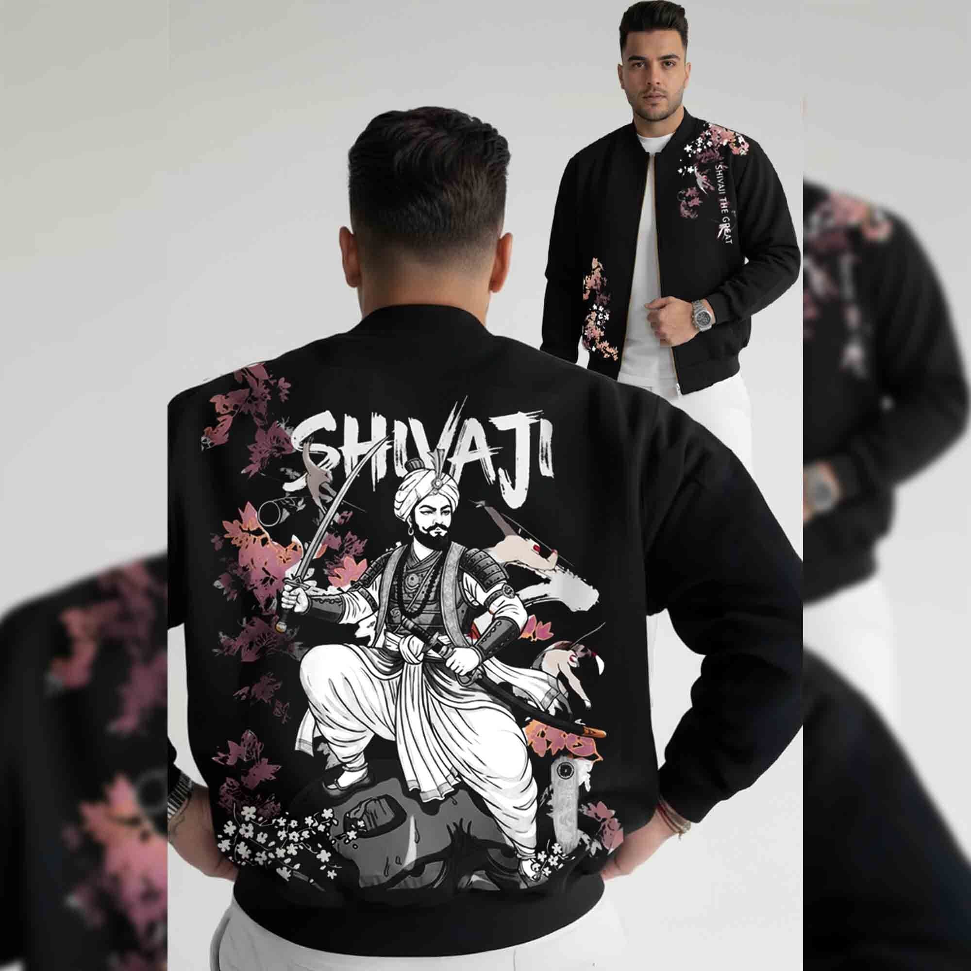 Men Back Printed Round Neck Winter Jacket Black