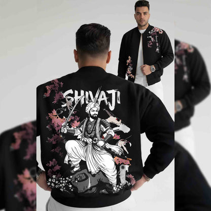 Men Back Printed Round Neck Winter Jacket Black