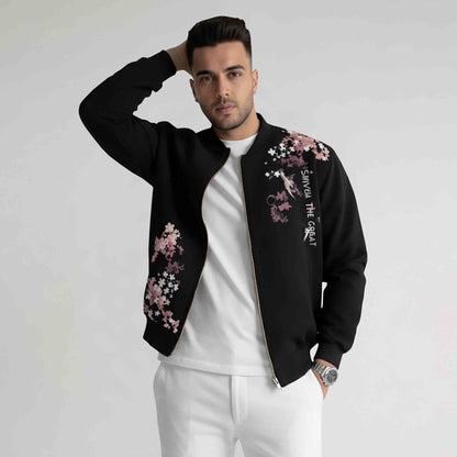 Men Back Printed Round Neck Winter Jacket Black