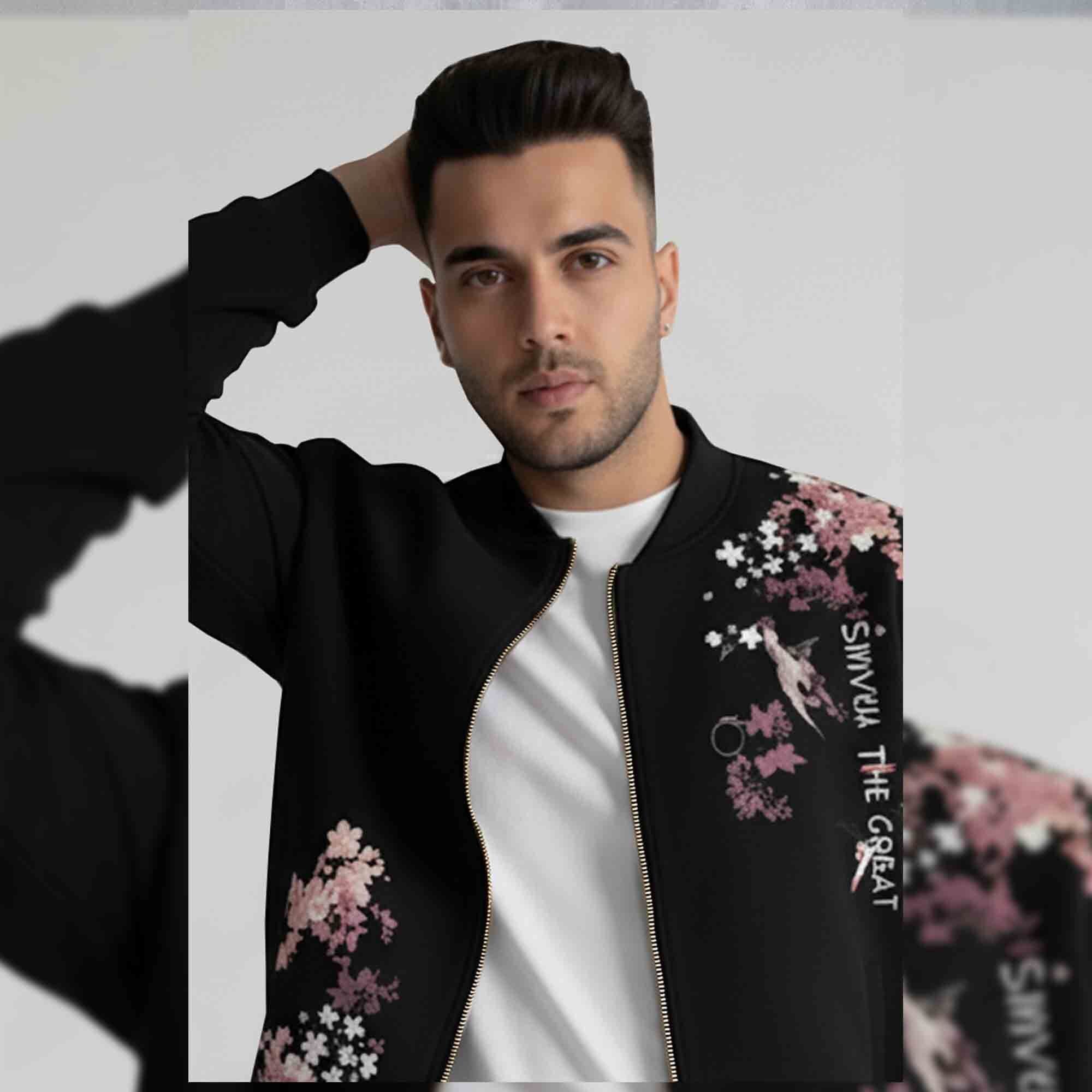 Men Back Printed Round Neck Winter Jacket Black