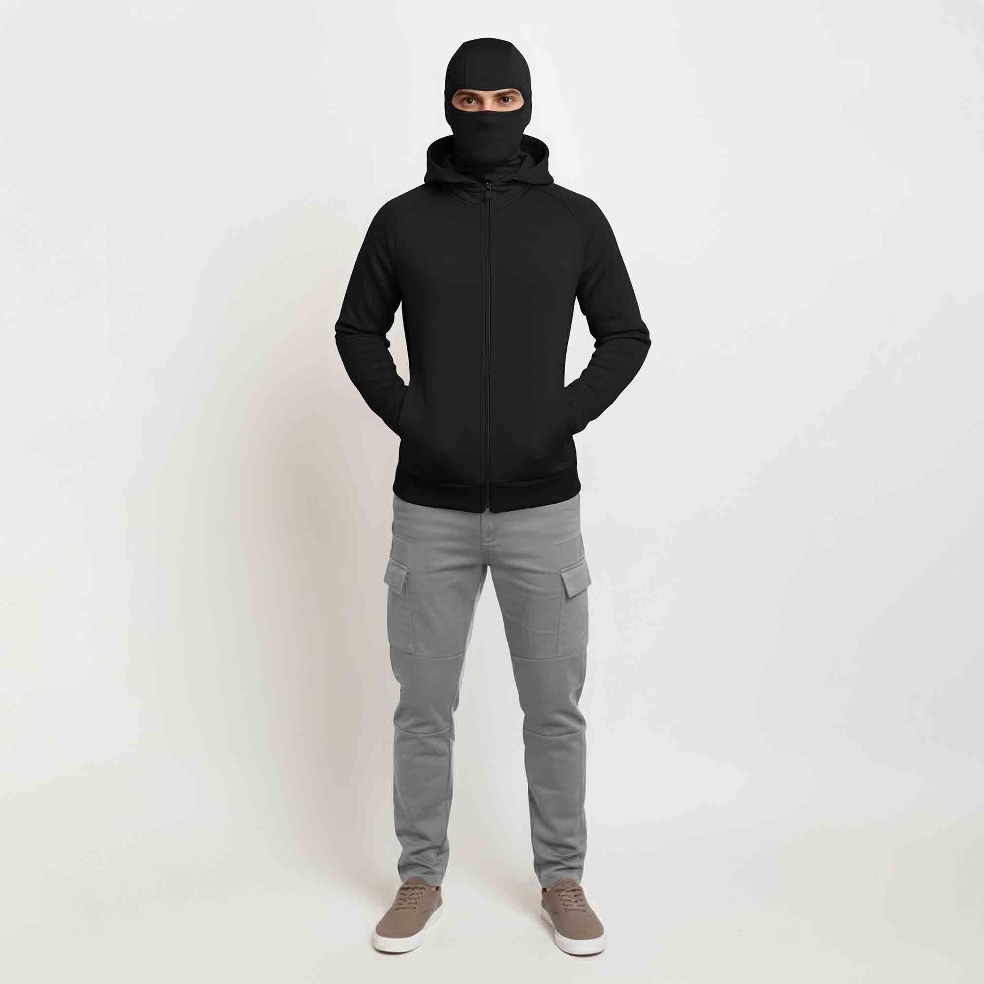 Mens Winter Full Mask Warm Zip-Up Hooded Jacket Black