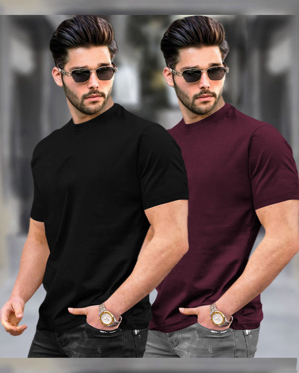 Mens Half Sleeve Plain Round Neck T-shirts (Pack Of 2) / Black & Maroon