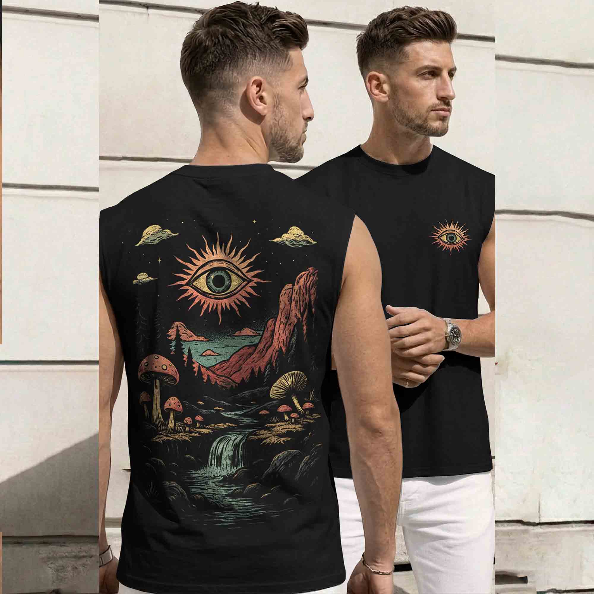 Men Back Printed Round Neck Vest Black