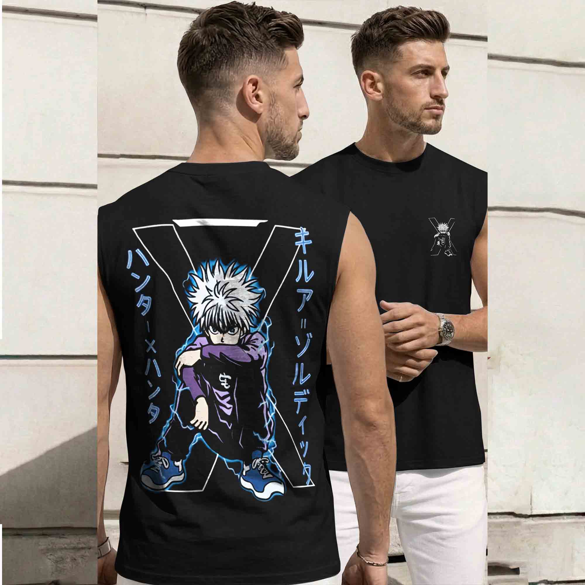 Men Back Printed Round Neck Vest Black