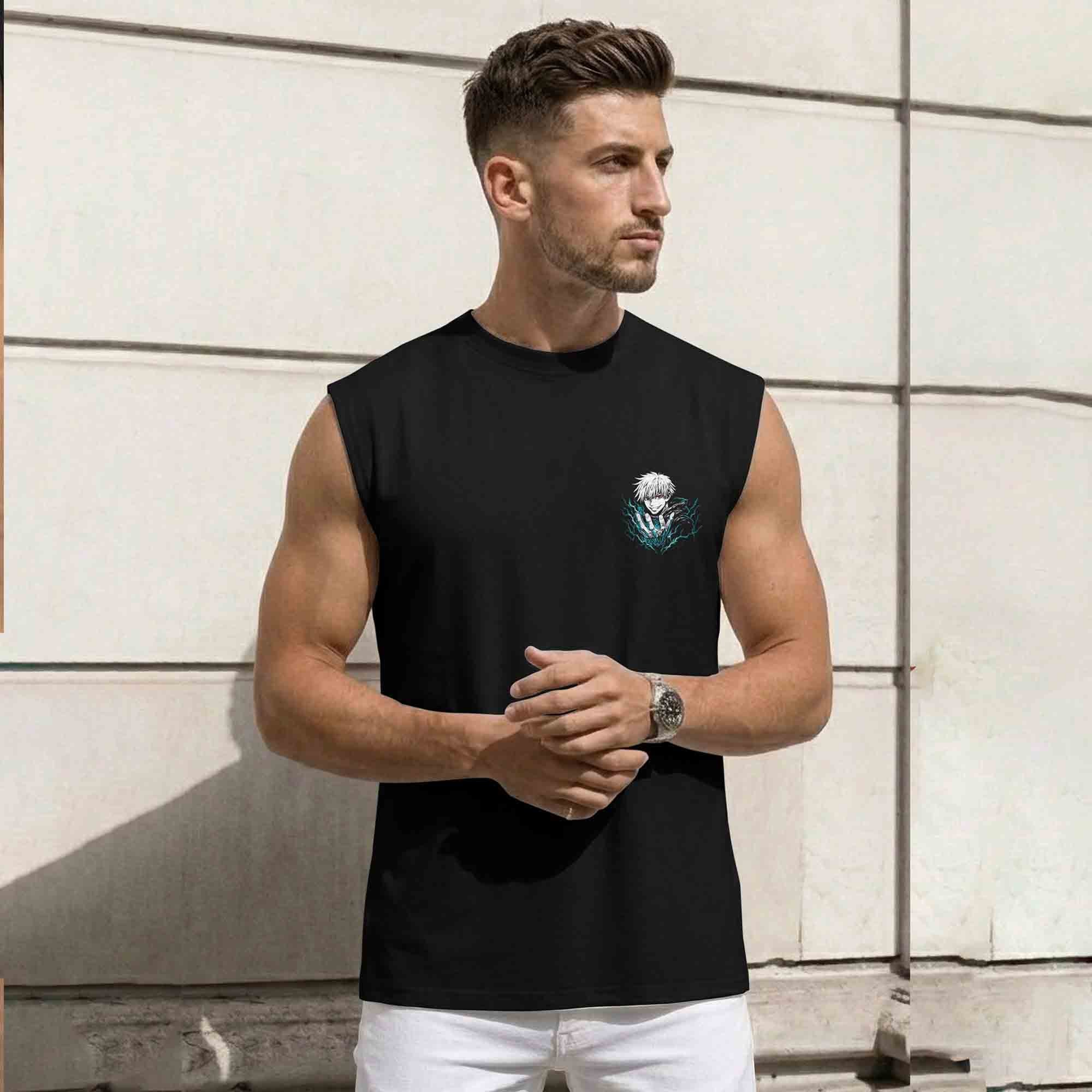Men Back Printed Round Neck Vest Black