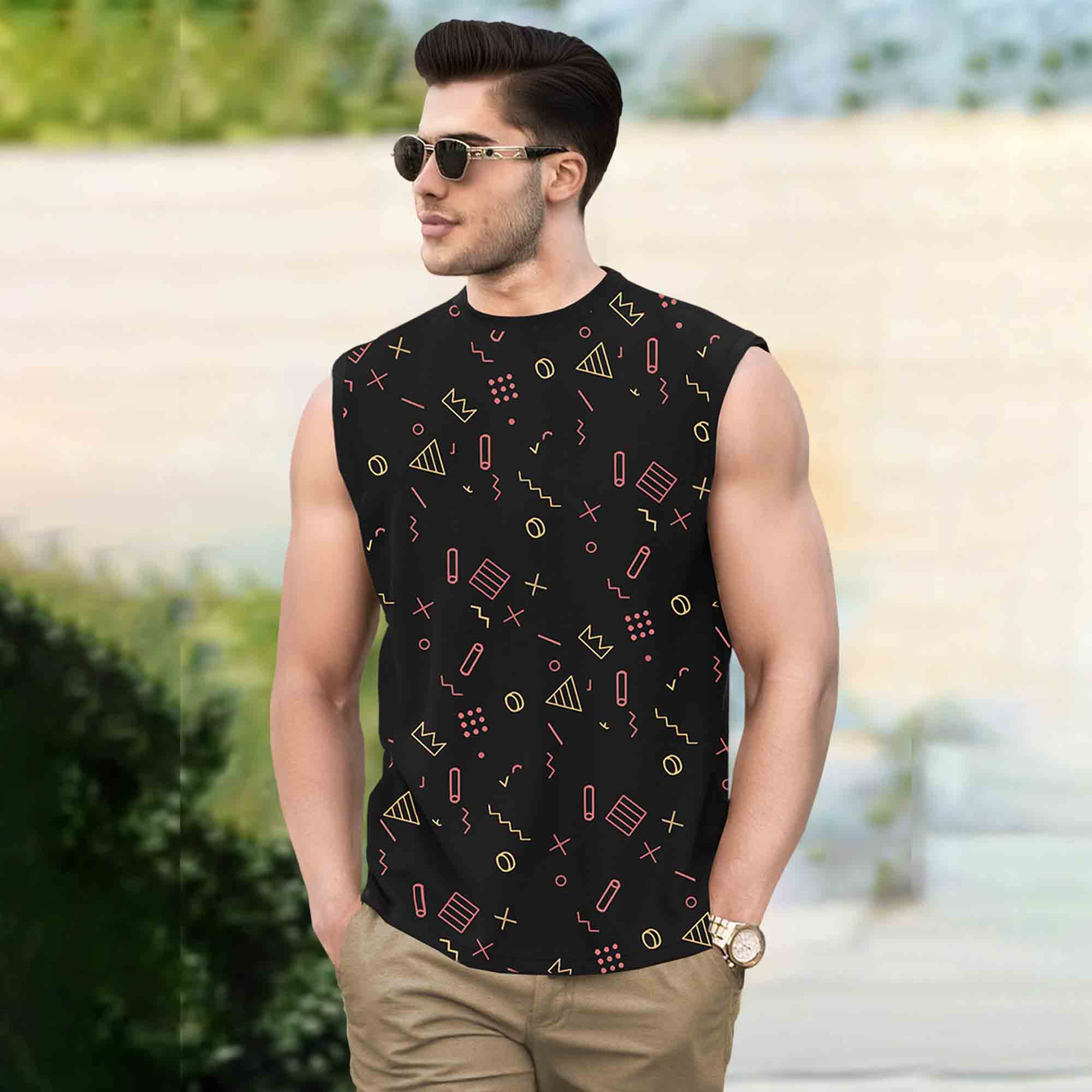 Men Black Round Neck Printed Sleeveless