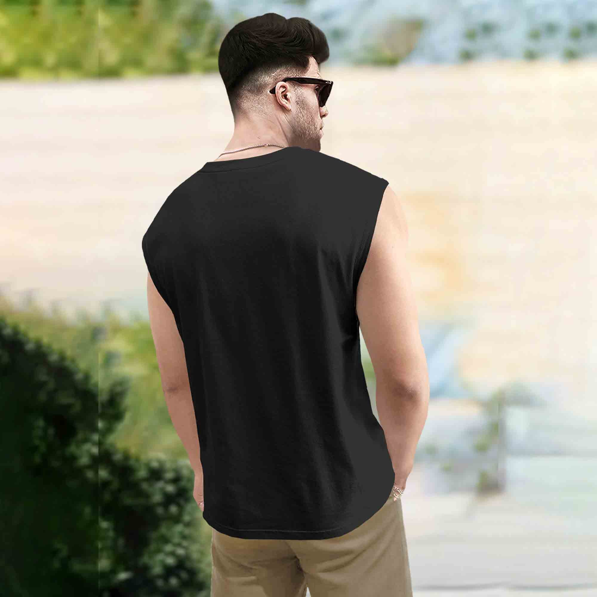 Men Black Round Neck Printed Sleeveless