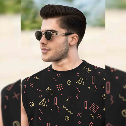 Men Black Round Neck Printed Sleeveless