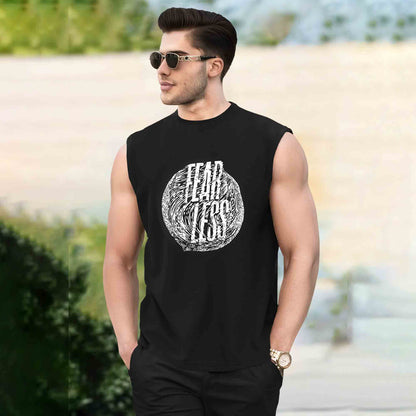 Men Printed Black Round Neck Top Tank