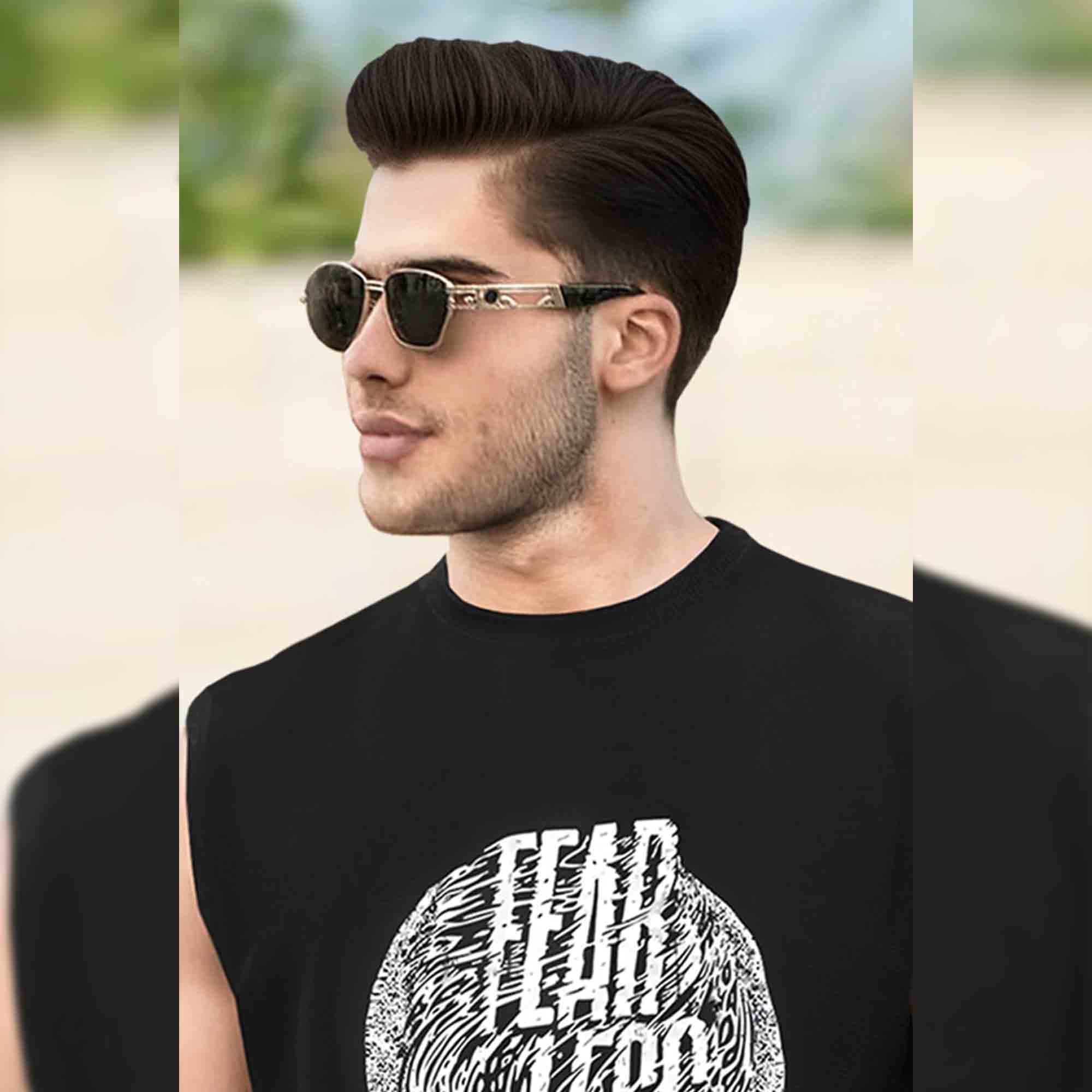 Men Printed Black Round Neck Top Tank