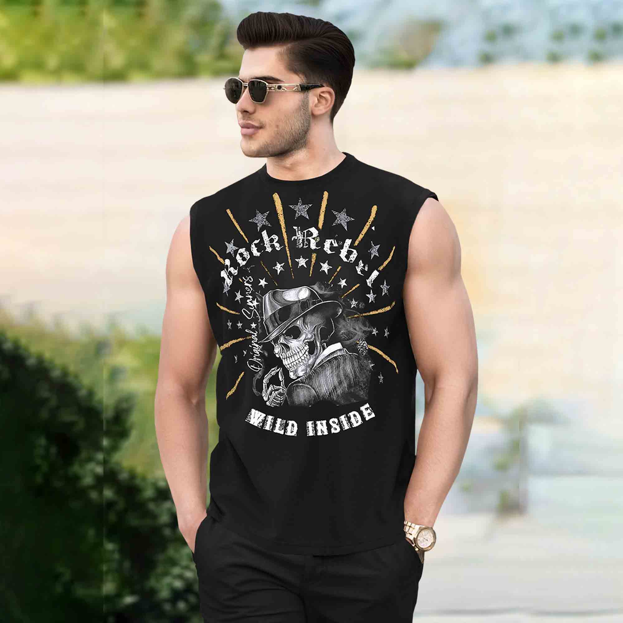 Men Black Graphic Printed Round Neck Vest