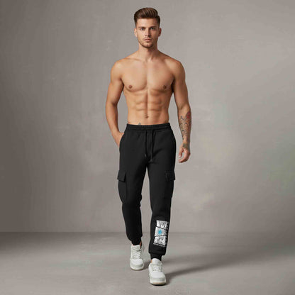 Mens Anime Printed 4 Pockets Cargo Jogger Black