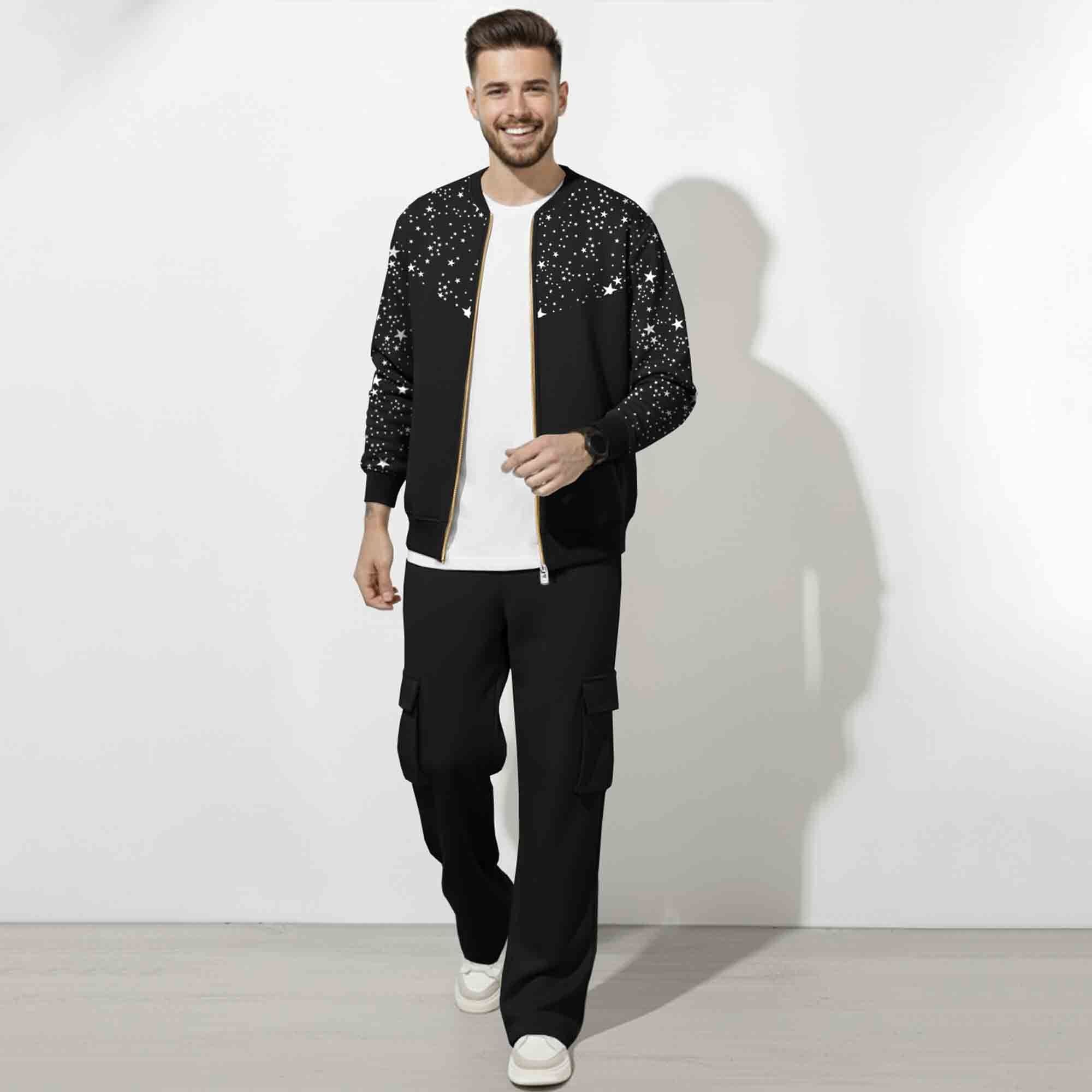 Out Fit Set Star Printed Round Neck Jacket & Plain Baggy Cargo Pant