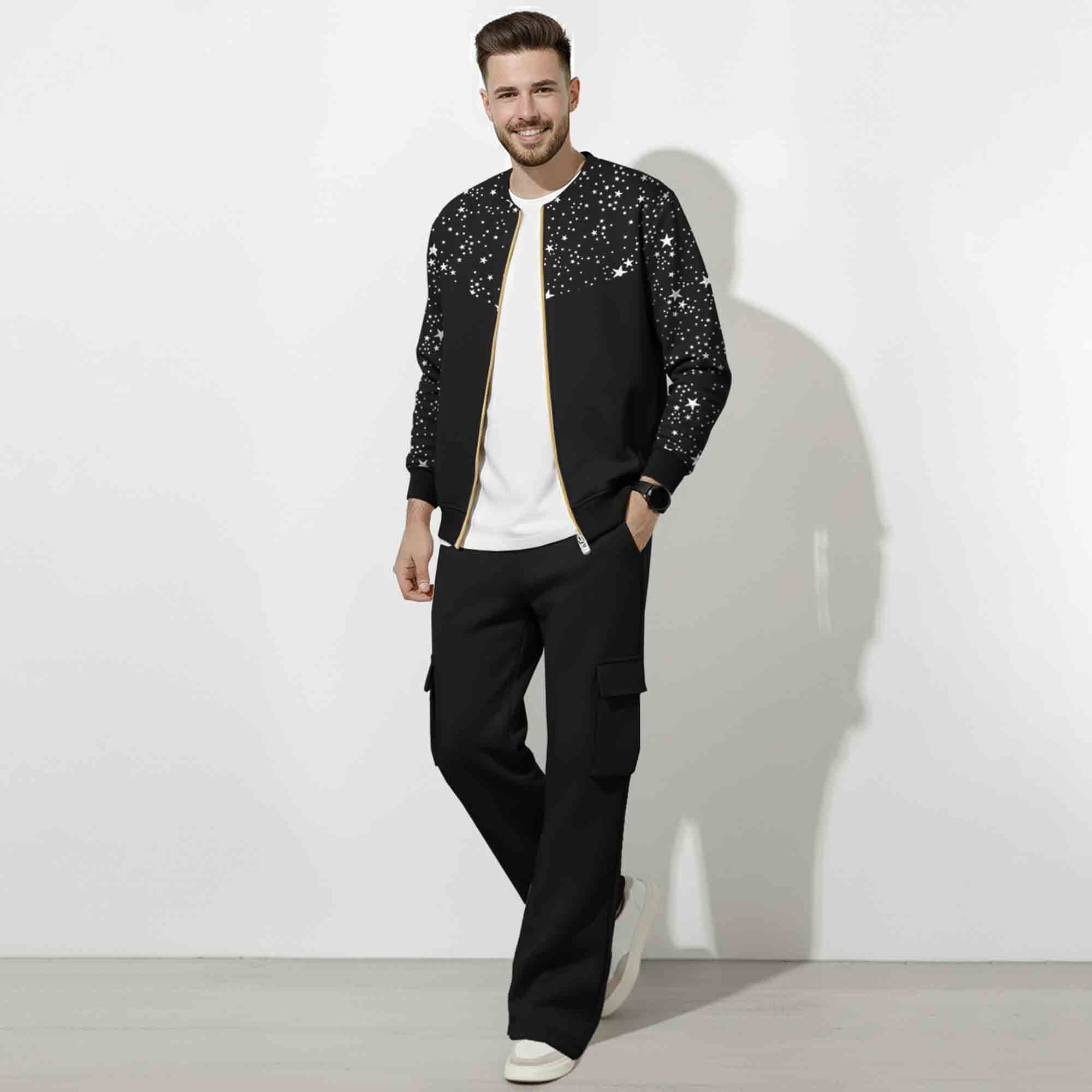 Out Fit Set Star Printed Round Neck Jacket & Plain Baggy Cargo Pant