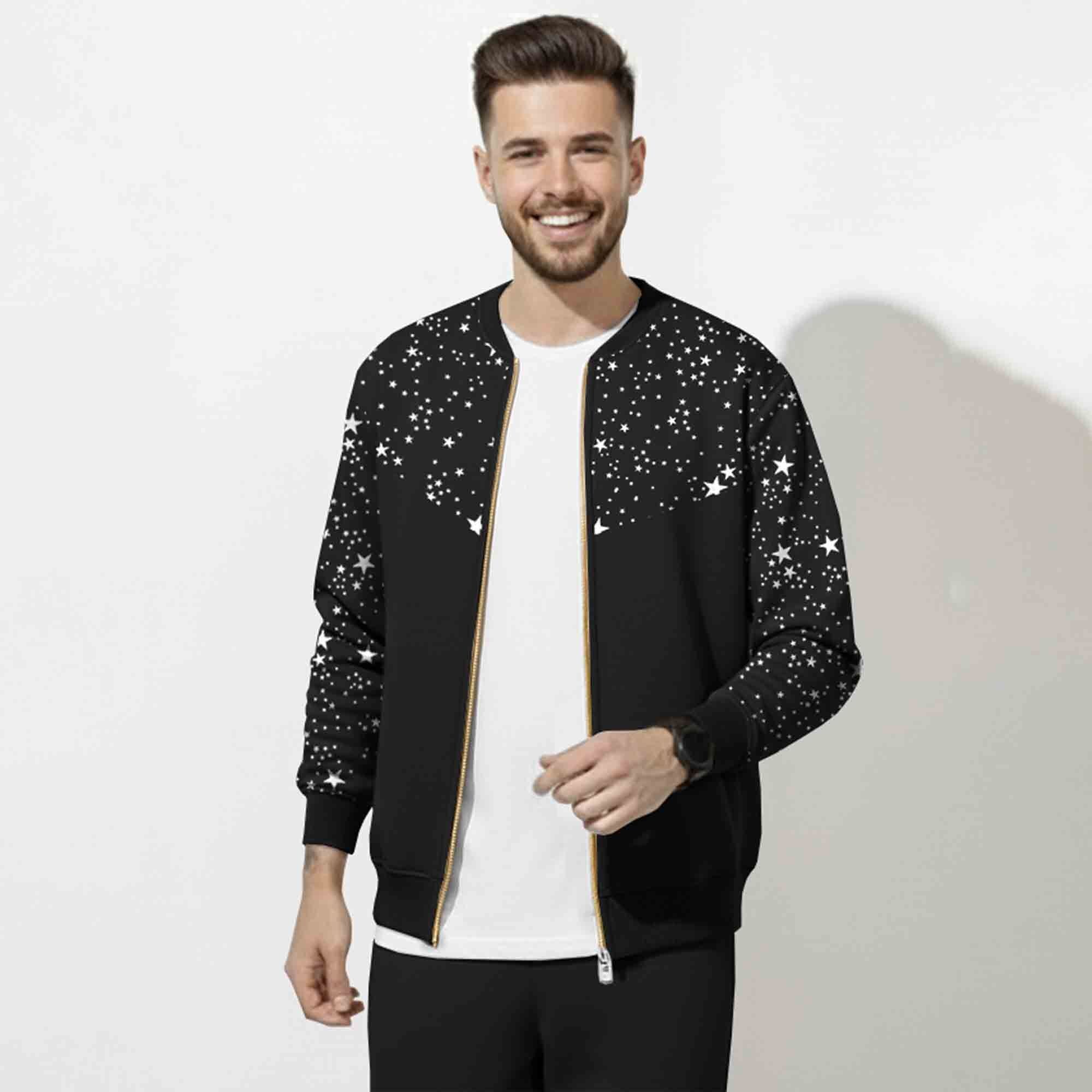 Out Fit Set Star Printed Round Neck Jacket & Plain Baggy Cargo Pant