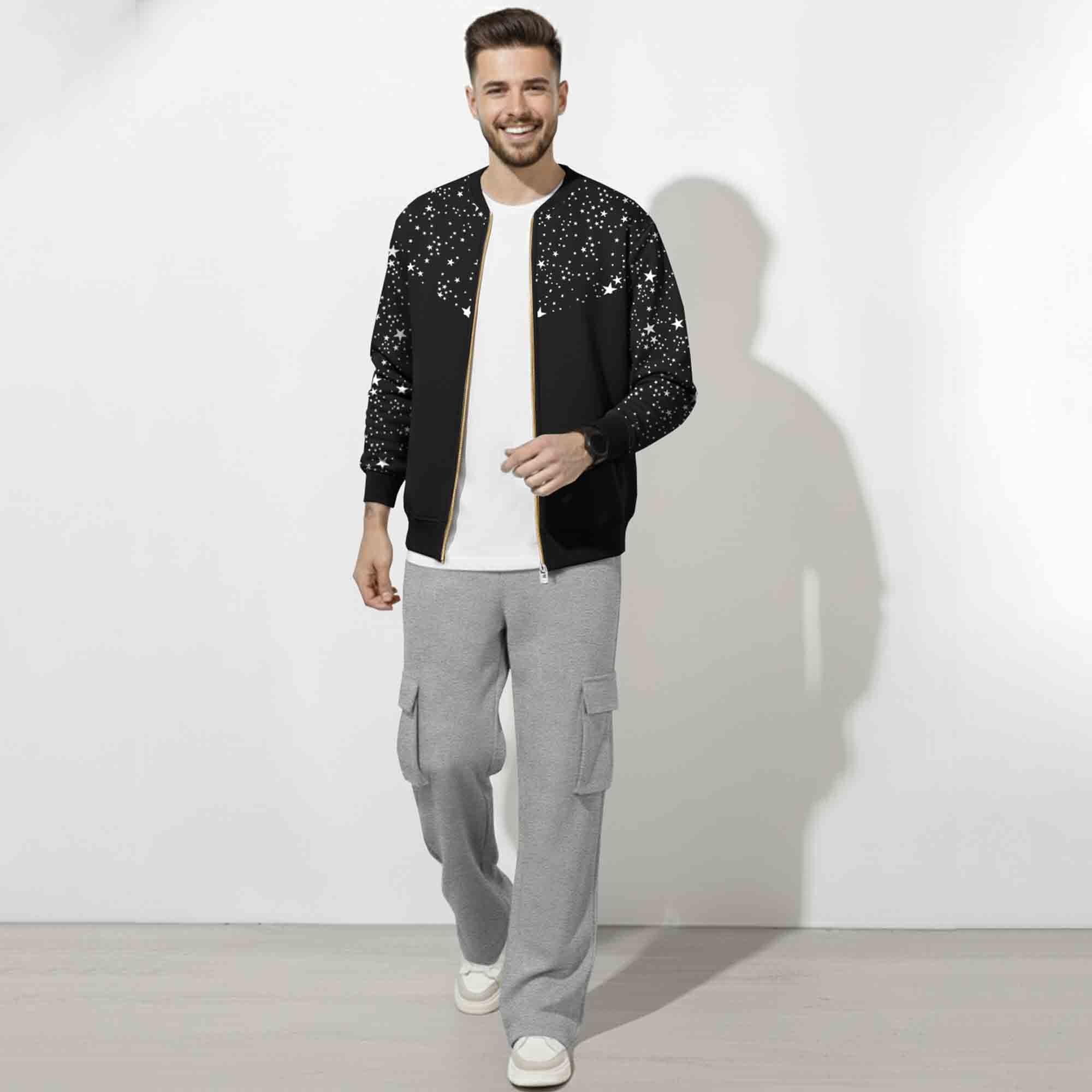 Out Fit Set Star Printed Round Neck Jacket & Grey Plain Baggy Cargo Pant