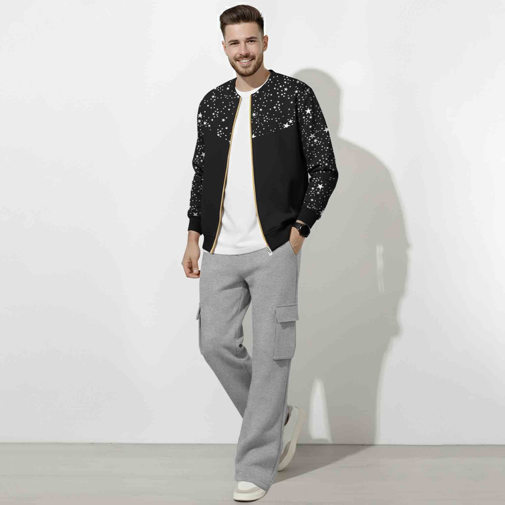 Out Fit Set Star Printed Round Neck Jacket & Grey Plain Baggy Cargo Pant