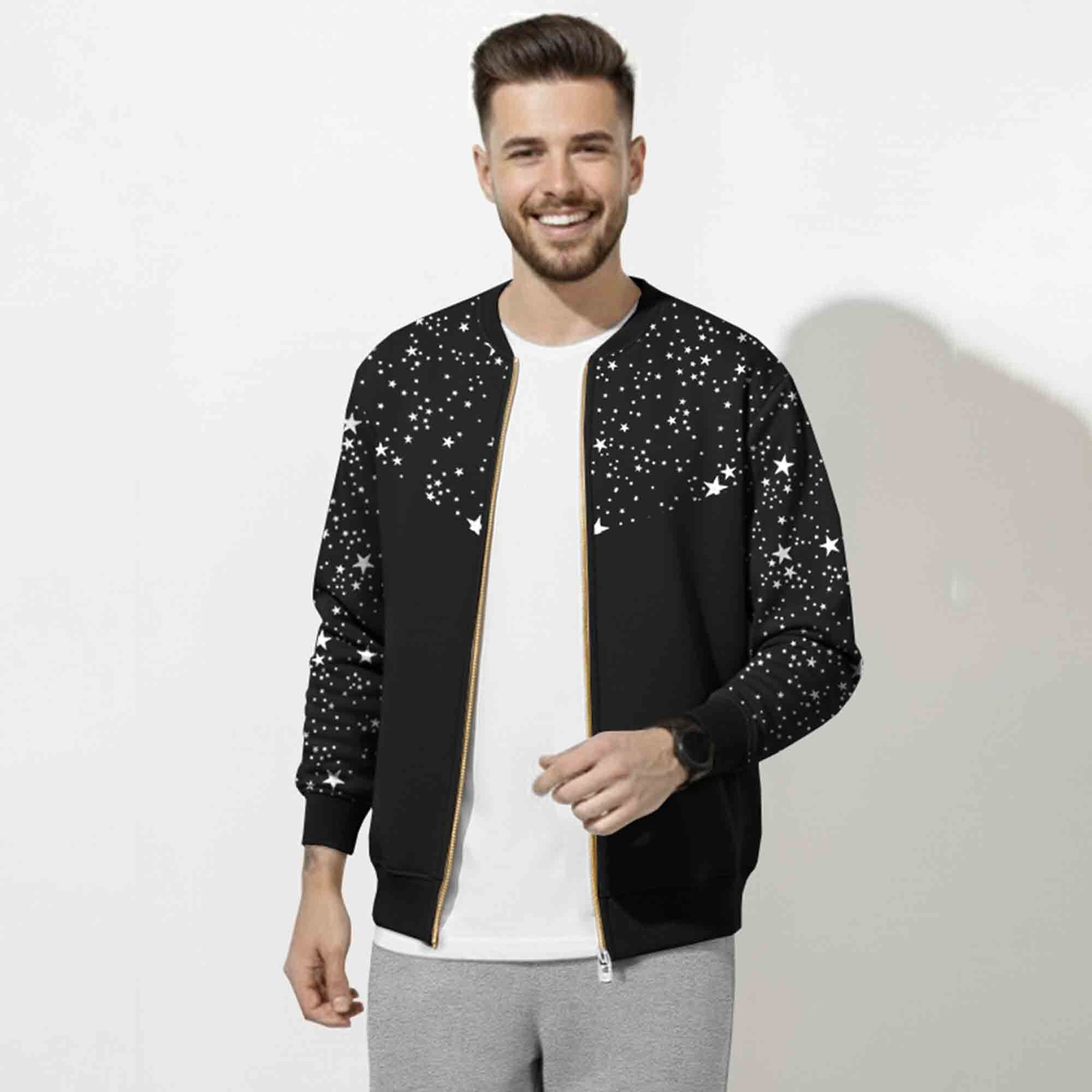 Out Fit Set Star Printed Round Neck Jacket & Grey Plain Baggy Cargo Pant