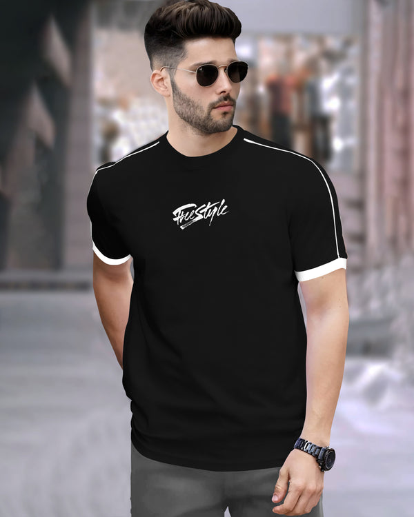 Men Round Neck Black White Piping T-Shirt