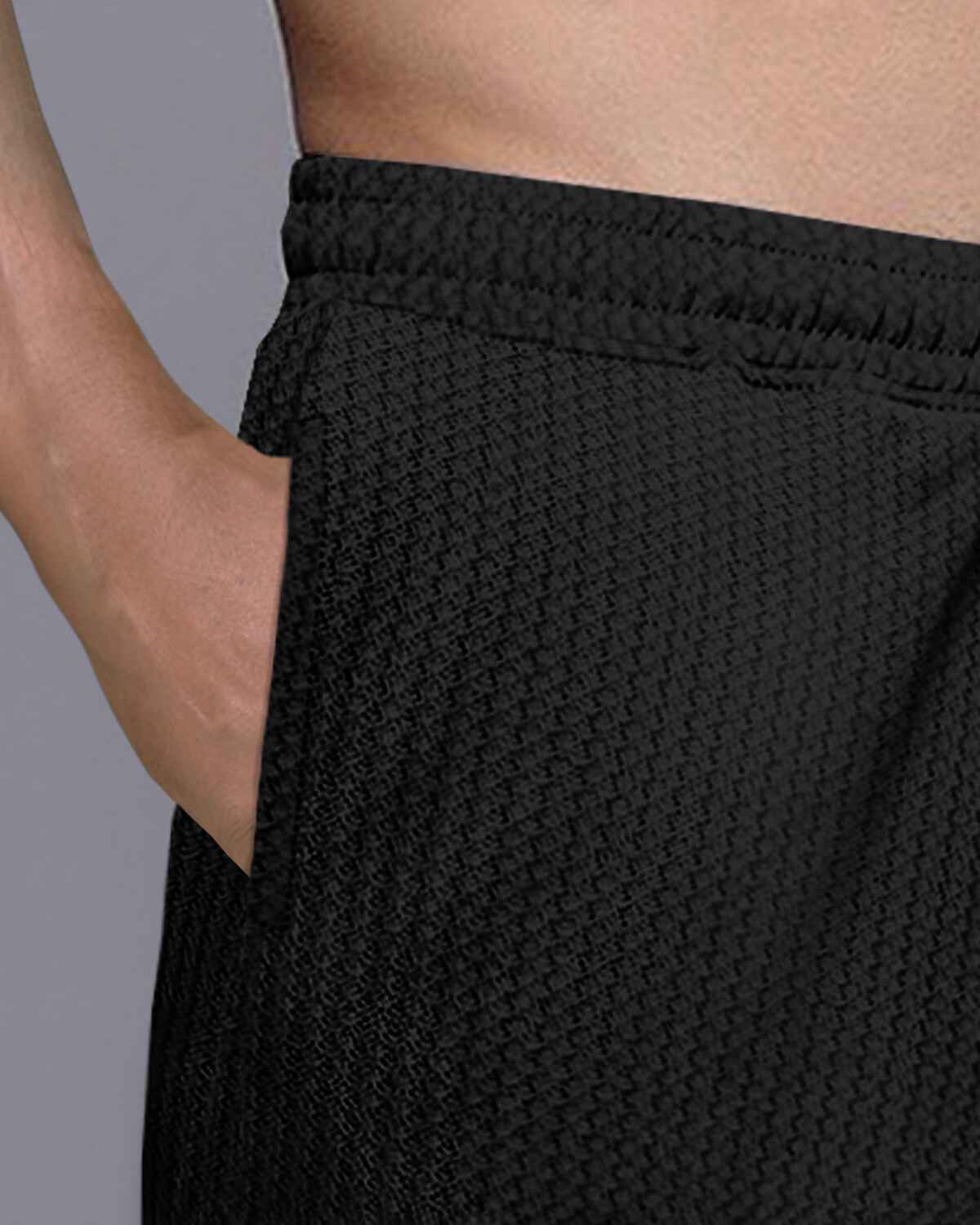 Men Plain Black Waffle Short