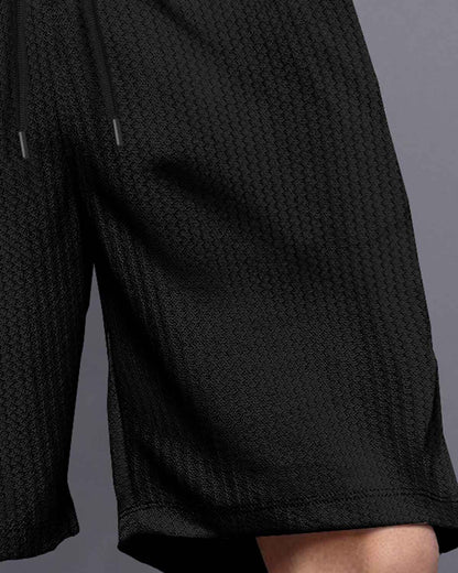 Men Plain Black Waffle Short