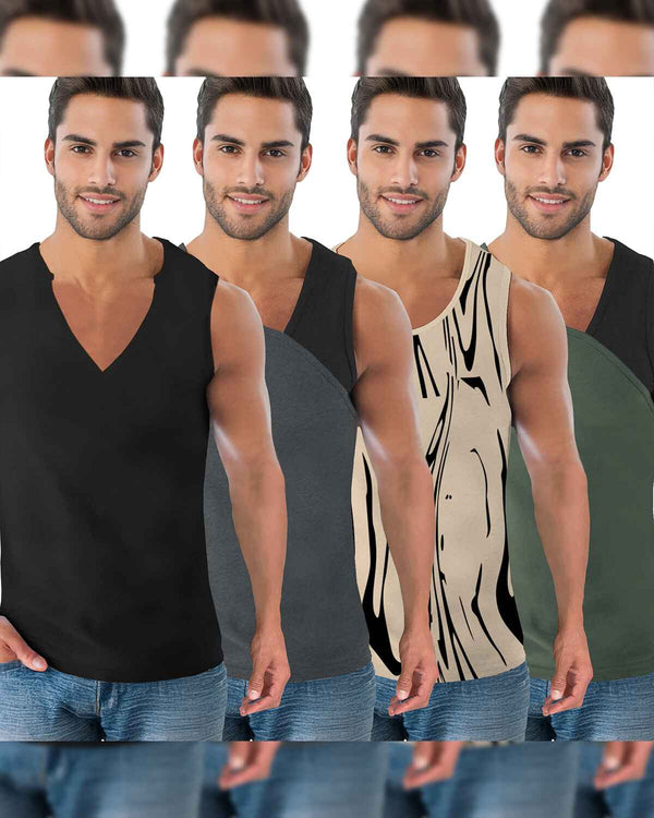 (Pack Of 4) Men Printed & Colorblocked Multicolor Vest