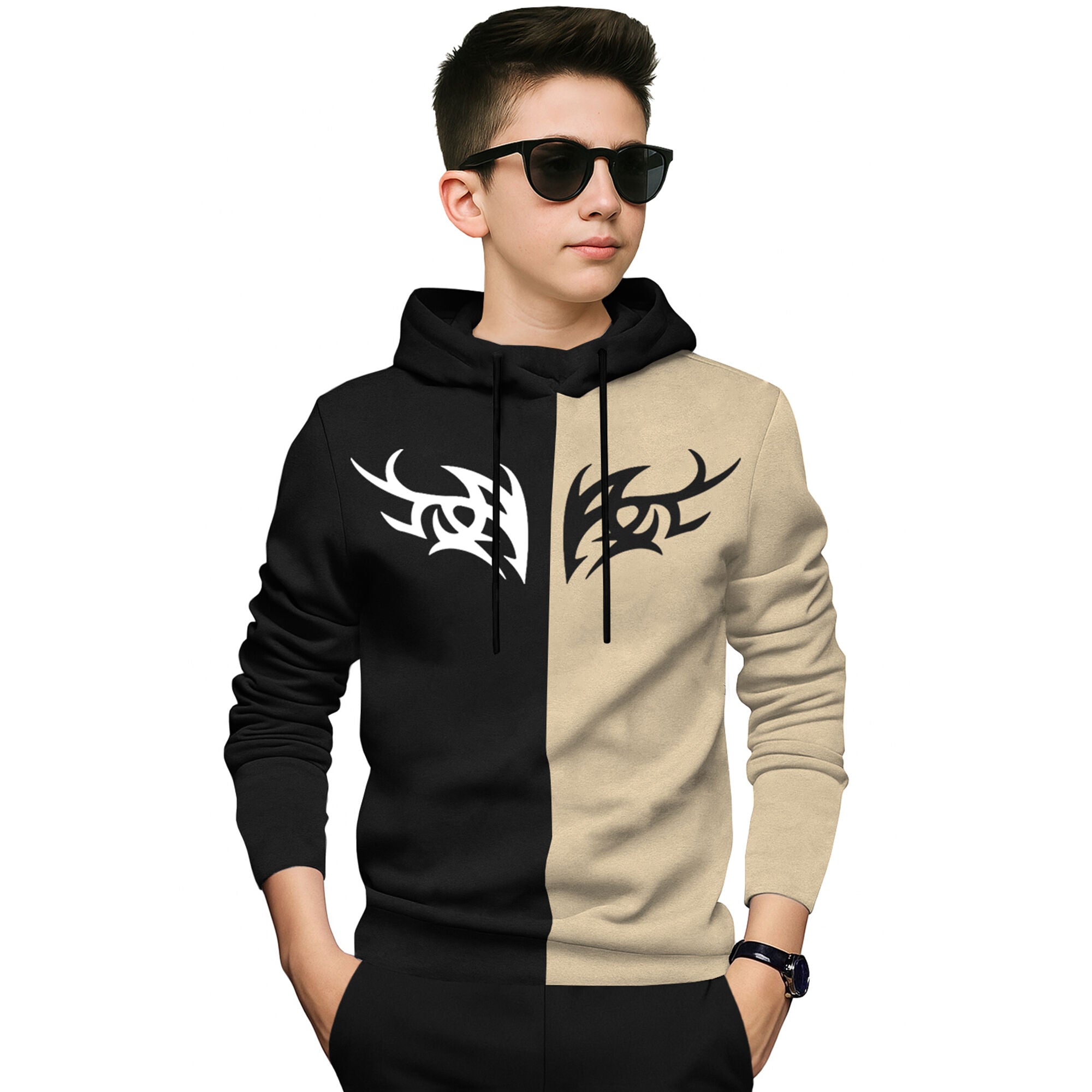 Boys Full Sleeve Hooded Dual Color T-shirt Black & Beige