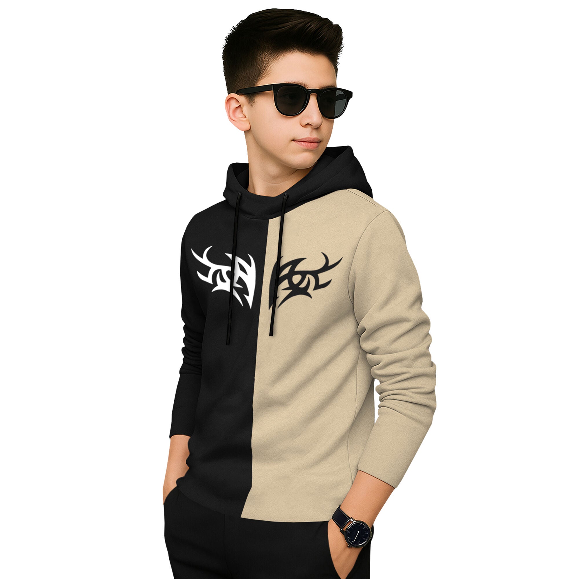 Boys Full Sleeve Hooded Dual Color T-shirt Black & Beige